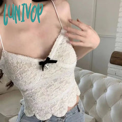 Lunivop 2000S Retro Bow Sleeveless V Neck Irregular Hem Padded Lace Vest Korean Sweet Cute Tank
