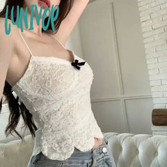 Lunivop 2000S Retro Bow Sleeveless V Neck Irregular Hem Padded Lace Vest Korean Sweet Cute Tank