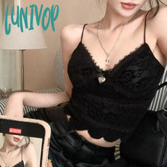 Lunivop 2000S Retro Bow Sleeveless V Neck Irregular Hem Padded Lace Vest Korean Sweet Cute Tank