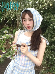 Lunivop 2000S Vintage Blue Plaid Fake Two Piece Dress Women Casual Retro Y2K Mini Summer 2024