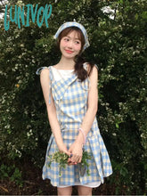 Lunivop 2000S Vintage Blue Plaid Fake Two Piece Dress Women Casual Retro Y2K Mini Summer 2024