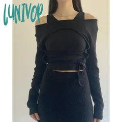 Lunivop 2024 Autumn For Women Crop Tops Vintage Korean Retro High Street 2 Pieces Sets Screw Thread