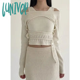 Lunivop 2024 Autumn For Women Crop Tops Vintage Korean Retro High Street 2 Pieces Sets Screw Thread