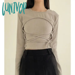 Lunivop 2024 Autumn For Women Crop Tops Vintage Korean Retro High Street 2 Pieces Sets Screw Thread