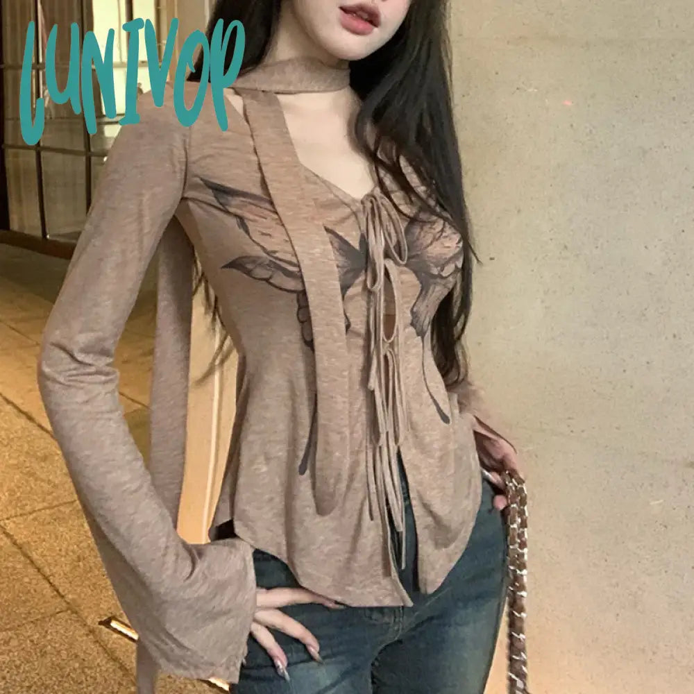 Lunivop 2024 Autumn For Women Crop Tops Vintage Korean Retro High Street Butterfly Print Bandage