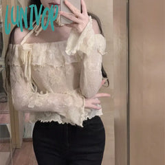 Lunivop 2024 Autumn For Women Crop Tops Vintage Korean Retro High Street Knit Butterfly Lace Decal