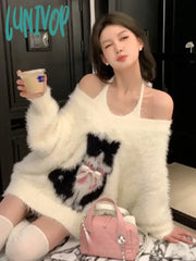 Lunivop 2024 Autumn Two Pieces Set Women Grunge Knitted Cartoon Cat Bow Pullover + Sleeveless
