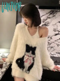 Lunivop 2024 Autumn Two Pieces Set Women Grunge Knitted Cartoon Cat Bow Pullover + Sleeveless