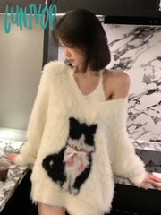 Lunivop 2024 Autumn Two Pieces Set Women Grunge Knitted Cartoon Cat Bow Pullover + Sleeveless