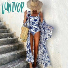 Lunivop 2024 Blue Floral Print Bikini And Beach Cover Up Women Fashion Two Piece Swimsuit Luxury