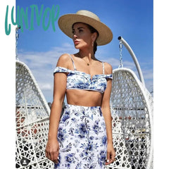 Lunivop 2024 Blue Floral Print Bikini And Beach Cover Up Women Fashion Two Piece Swimsuit Luxury