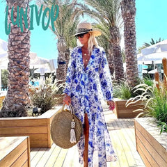 Lunivop 2024 Blue Floral Print Bikini And Beach Cover Up Women Fashion Two Piece Swimsuit Luxury