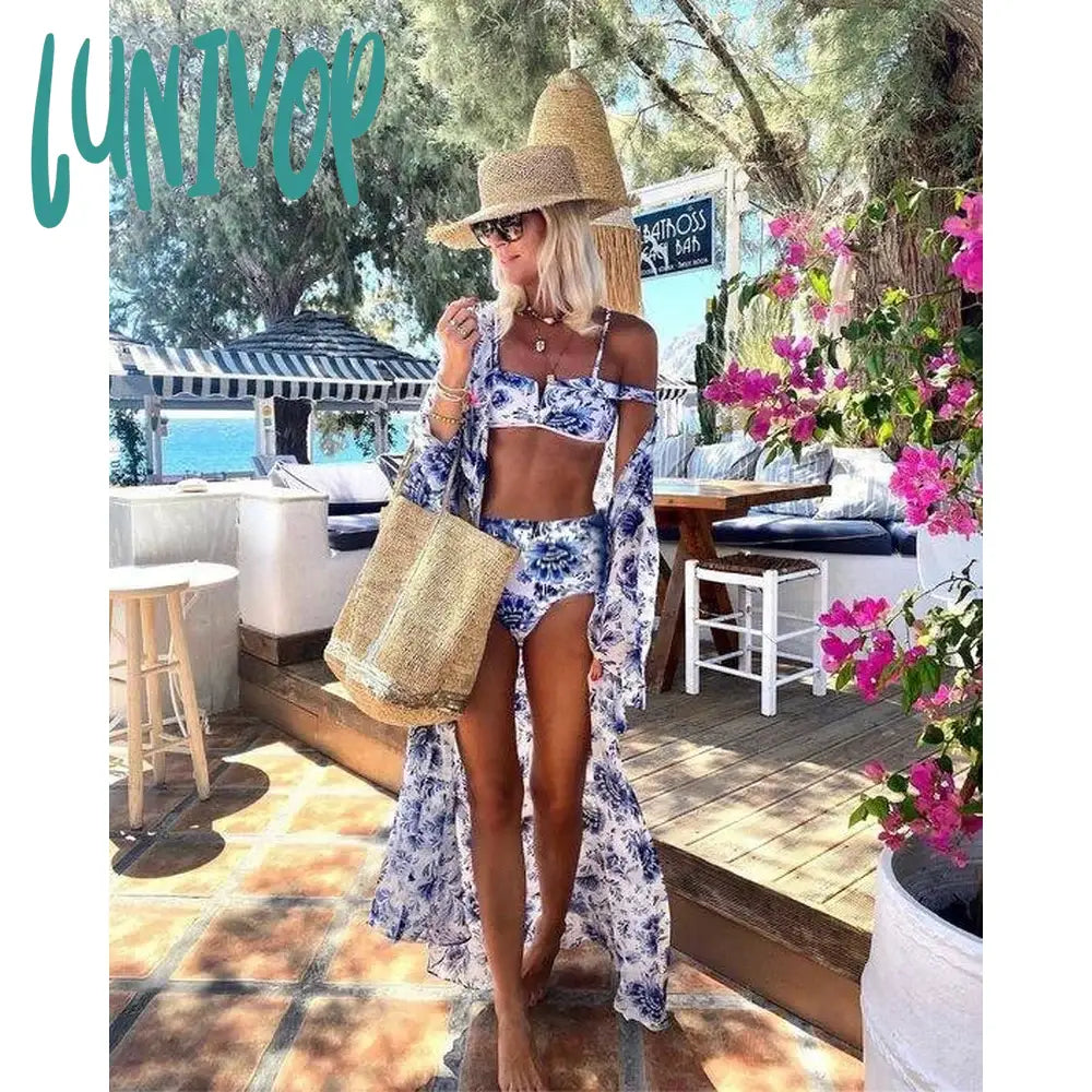 Lunivop 2024 Blue Floral Print Bikini And Beach Cover Up Women Fashion Two Piece Swimsuit Luxury