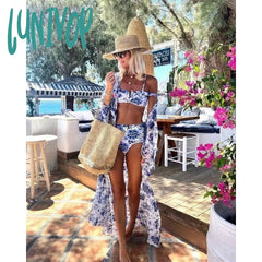 Lunivop 2024 Blue Floral Print Bikini And Beach Cover Up Women Fashion Two Piece Swimsuit Luxury