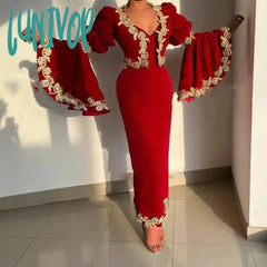Lunivop 2024 Burgundy V-Neck Batwing Sleeve Evening Dresses Luxury Sexy Mermaid Prom Gowns With