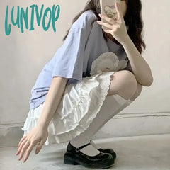 Lunivop 2024 Korean Fashion White Lace Mini Skirt For Women Girl A-Line Short Kawaii Cute Preppy