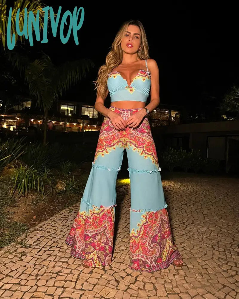 Lunivop 2024 New 2 Pieces Printed Pants Sets Sexy Bandeau Short Top High Waist Long Elegant Women