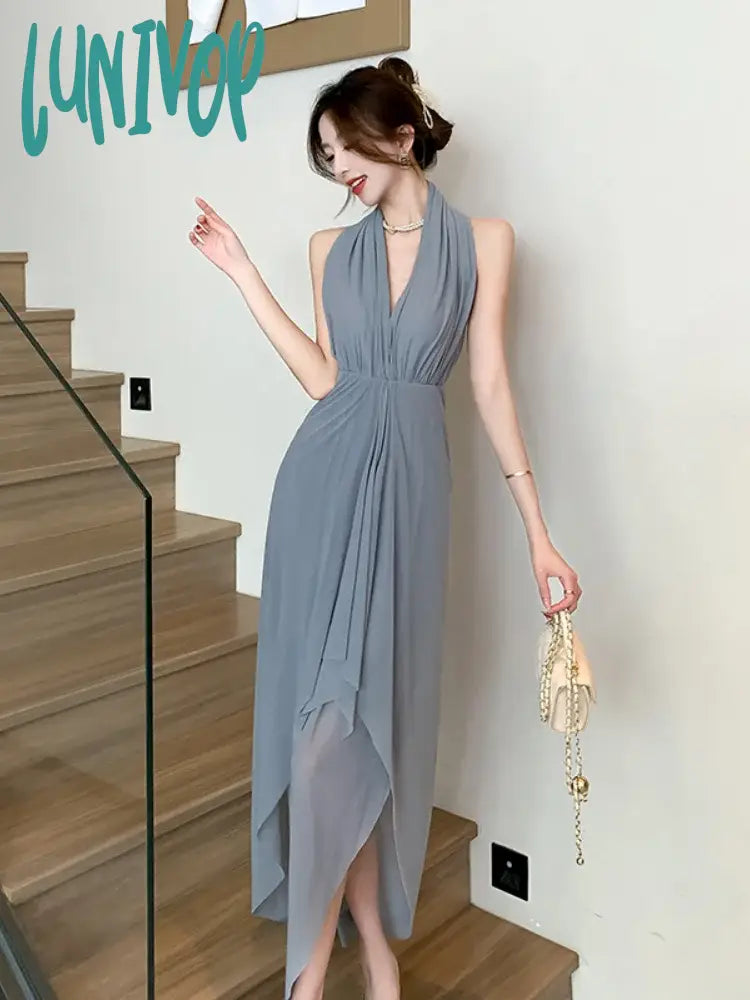 Lunivop 2024 New French Summer Vintage Slim Sleeveless V Neck Strapless Long Dresses Sexy Fashion