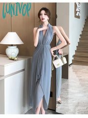 Lunivop 2024 New French Summer Vintage Slim Sleeveless V Neck Strapless Long Dresses Sexy Fashion