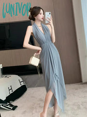 Lunivop 2024 New French Summer Vintage Slim Sleeveless V Neck Strapless Long Dresses Sexy Fashion