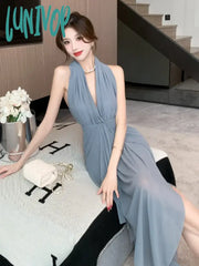 Lunivop 2024 New French Summer Vintage Slim Sleeveless V Neck Strapless Long Dresses Sexy Fashion
