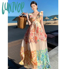 Lunivop 2024 New Sexy Women Ruffle Backless Sundress Deep V Summer French Elegant Bow Chic Slim