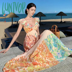 Lunivop 2024 New Sexy Women Ruffle Backless Sundress Deep V Summer French Elegant Bow Chic Slim