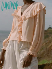 Lunivop 2024 New Solid Ruffles Blouse Women Spring Summer Elegant Chic V-Neck Puff Sleeve Short