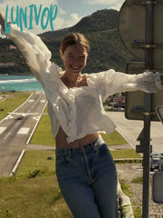 Lunivop 2024 New Solid Ruffles Blouse Women Spring Summer Elegant Chic V-Neck Puff Sleeve Short