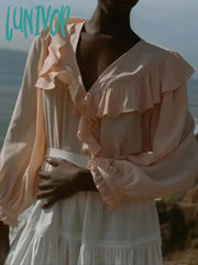 Lunivop 2024 New Solid Ruffles Blouse Women Spring Summer Elegant Chic V-Neck Puff Sleeve Short