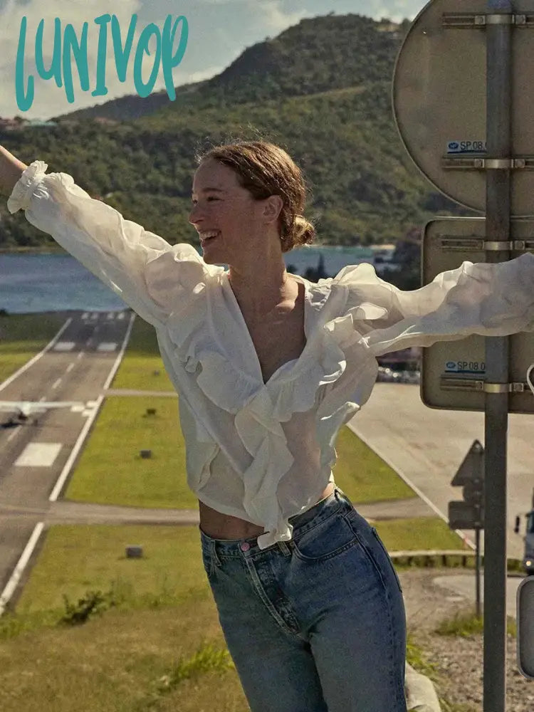 Lunivop 2024 New Solid Ruffles Blouse Women Spring Summer Elegant Chic V-Neck Puff Sleeve Short