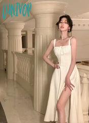 Lunivop 2024 New White Vintage Split Slip Dress Sleeveless A-Line Elegant Bohemian Sexy Fishbone