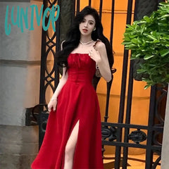 Lunivop 2024 New White Vintage Split Slip Dress Sleeveless A-Line Elegant Bohemian Sexy Fishbone