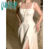 Lunivop 2024 New White Vintage Split Slip Dress Sleeveless A-Line Elegant Bohemian Sexy Fishbone