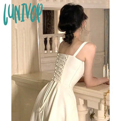 Lunivop 2024 New White Vintage Split Slip Dress Sleeveless A-Line Elegant Bohemian Sexy Fishbone