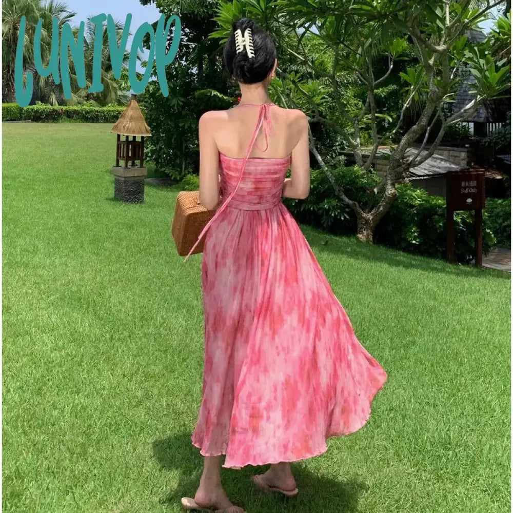 Lunivop 2024 New Women Backless Beach Quinceanera Sundress Summer Halter Elegant Retro Slim Mesh