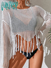 Lunivop 2024 O Neck Crop Top Tassel Black Hollow Out Summer Y2K Long Sleeve T Shirts Sexy Loose