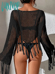 Lunivop 2024 O Neck Crop Top Tassel Black Hollow Out Summer Y2K Long Sleeve T Shirts Sexy Loose