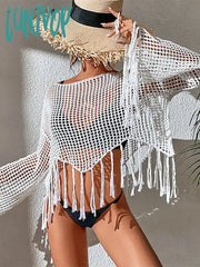 Lunivop 2024 O Neck Crop Top Tassel Black Hollow Out Summer Y2K Long Sleeve T Shirts Sexy Loose
