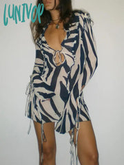 Lunivop 2024 Print Long Sleeve Mini Summer Beach Dress Ruffles Mesh Sexy Party Dresses Bodycon