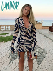 Lunivop 2024 Print Long Sleeve Mini Summer Beach Dress Ruffles Mesh Sexy Party Dresses Bodycon