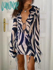 Lunivop 2024 Print Long Sleeve Mini Summer Beach Dress Ruffles Mesh Sexy Party Dresses Bodycon