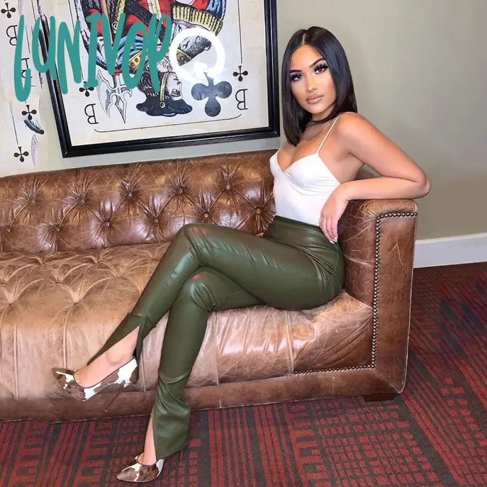 Lunivop 2024 Pu Leather High Waist Stacked Pants Autumn Winter Women Fashion Streetwear Outfits