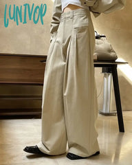 Lunivop 2024 Spring Fashion Double Pleated Design Wide Leg Pants Women Lazy Loose Silhouette High