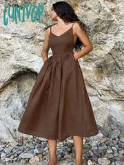 Lunivop 2024 Spring Summer Women Holiday Dress Solid Backless V-Neck A-Line Flare Midi Spaghetti For