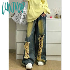 Lunivop 2024 Spring Vintage Harajuku Y2K Jeans Loose Hollow Out Blue Pants Women’s Wide Leg High