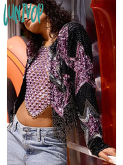 Lunivop 2024 Spring Women’s Coat Tassel Star Pattern Jacket With Fur Edge Long Sleeved Cardigan