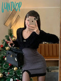 Lunivop 2024 Spring Y2K Two Peices Set Sexy Elegant Long Sleeve Sweater Pullovers + Women Knitted