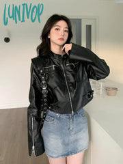 Lunivop 2024 Streetwear Solid Women Pu Jackets Y2K Aesthetic Simple Multi-Zipper Cropped Coats
