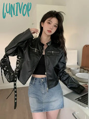 Lunivop 2024 Streetwear Solid Women Pu Jackets Y2K Aesthetic Simple Multi-Zipper Cropped Coats